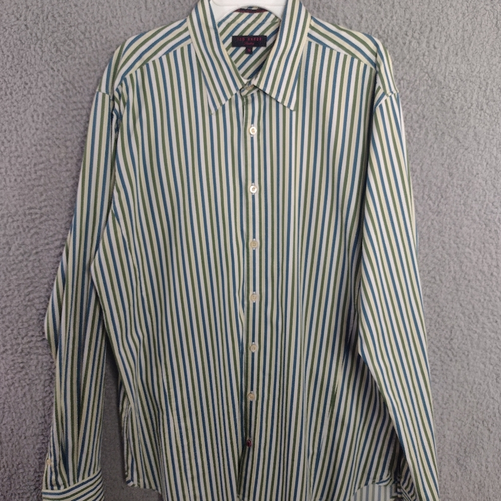 Men's Ted Baker Long Sleeve Button Front Striped Shirt Size 16  Green Blue
